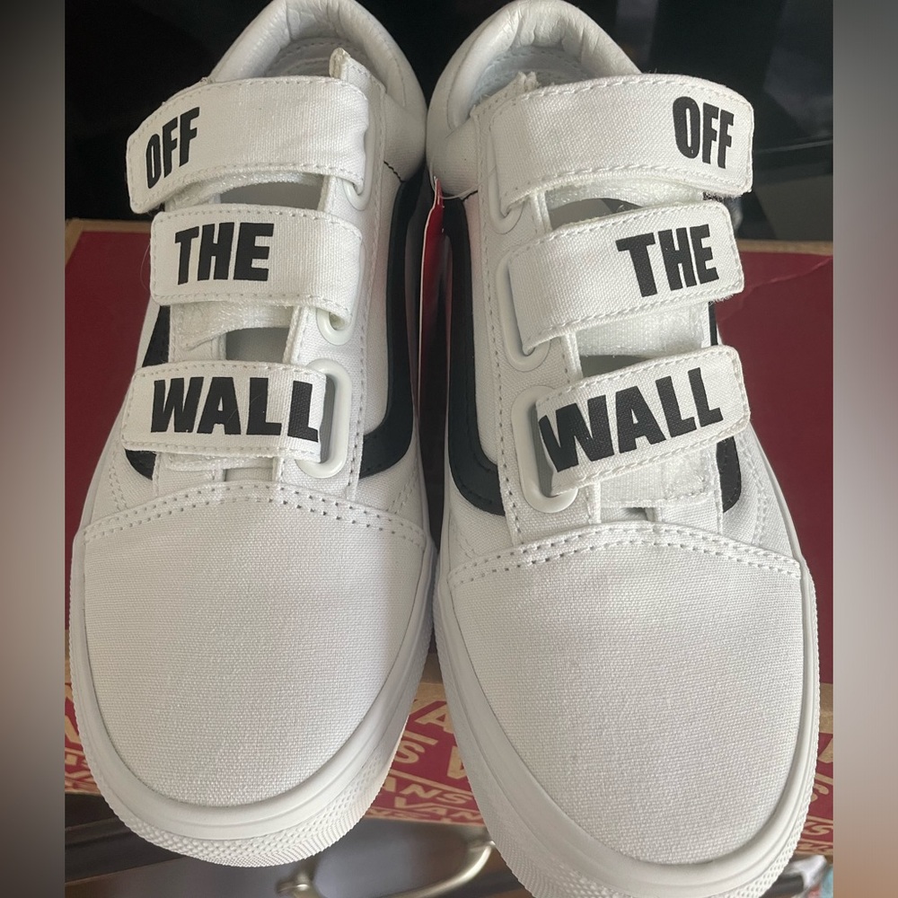 White old school vans with Velcro straps